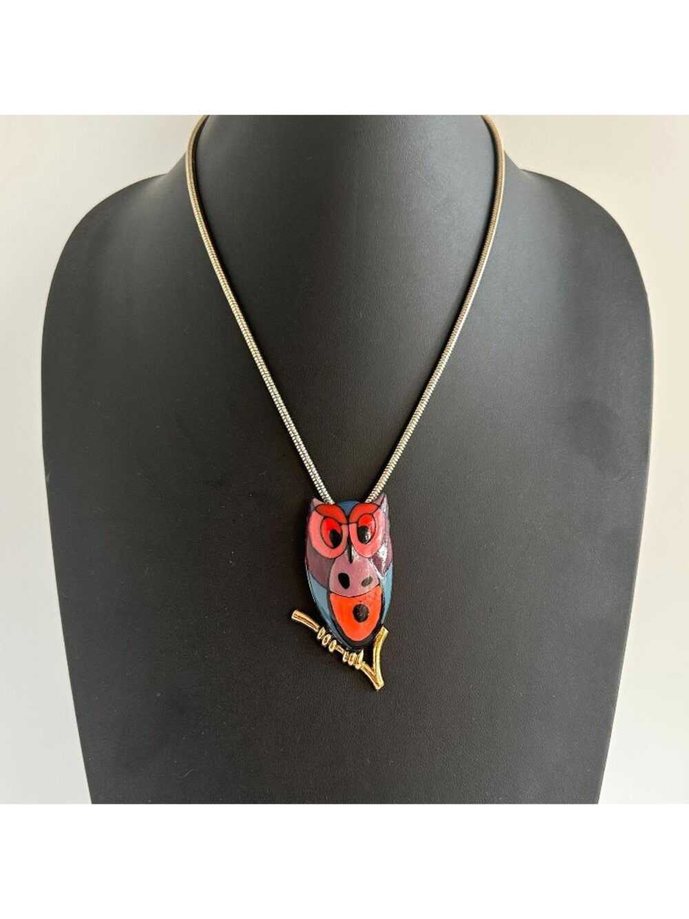 Eisenberg Enamel Owl Pendant Necklace Signed Vintage Mod Artist Series